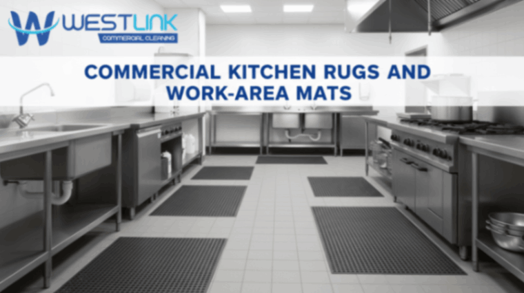Non-slip commercial kitchen rugs and work-area mats placed on a clean kitchen floor.