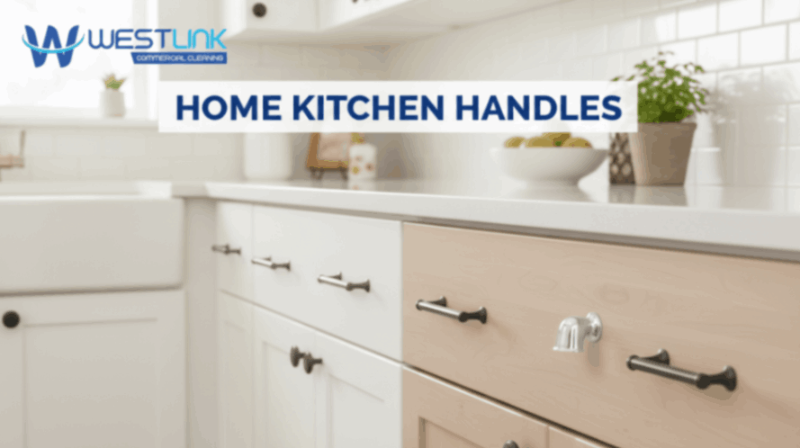 Close-up of clean and modern home kitchen cabinet handles and drawer pulls.