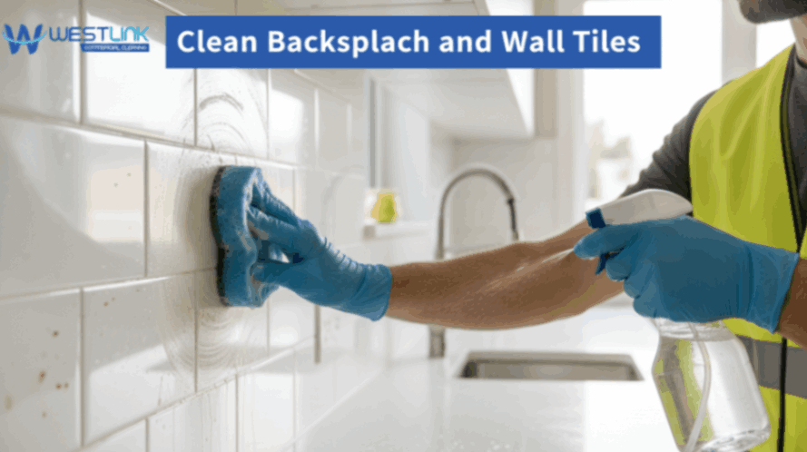 Cleaning kitchen backsplash tiles.