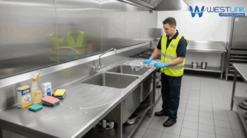 Commercial kitchen worker cleaning a stainless-steel sink using a soft sponge, mild detergent, and microfiber cloth, with non-abrasive cleaning supplies neatly arranged nearby.