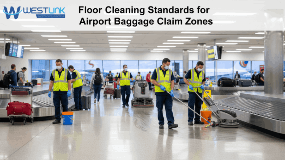 Airport cleaning staff maintaining floors in baggage claim zones.