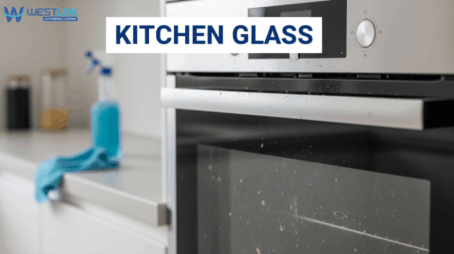 Smudged and streaky kitchen glass showing fingerprints and grease buildup.