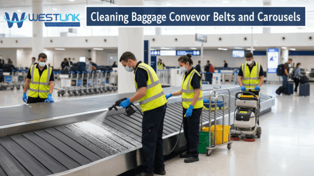 Cleaning staff maintaining baggage conveyor belts and carousels in an airport.