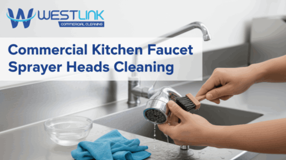 Cleaning a commercial kitchen faucet sprayer head to remove buildup.