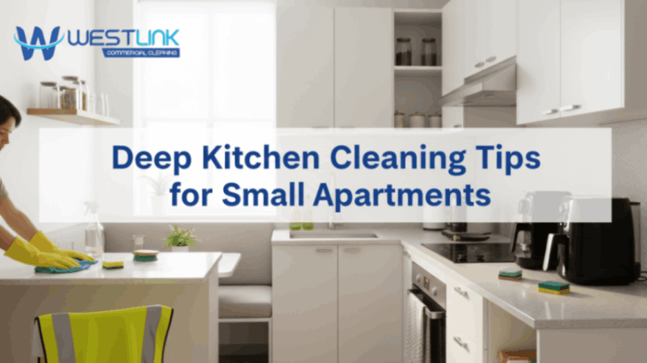Person deep-cleaning a small apartment kitchen with cloths and cleaning tools.