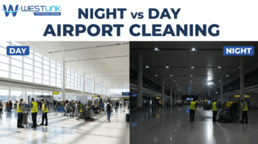 Daytime vs nighttime airport cleaning.