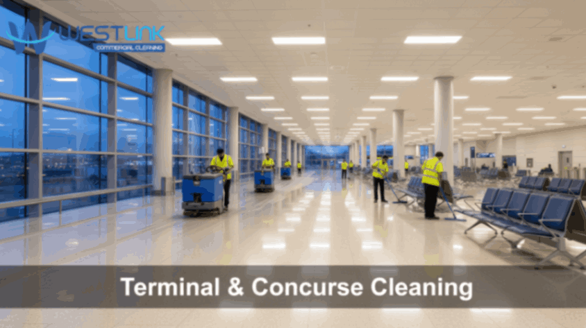 Cleaning airport terminal and concourse.