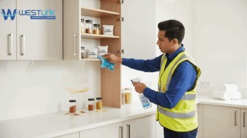 Worker deodorizing open kitchen cabinets with baking soda, charcoal bags, and vinegar bowls.