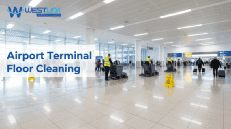 Cleaning airport terminal floors.