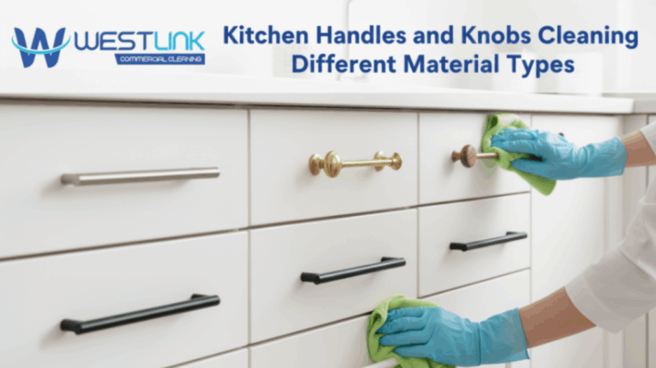 Gloved hands cleaning kitchen handles and knobs made of stainless steel, brass, chrome, matte black, and wood.