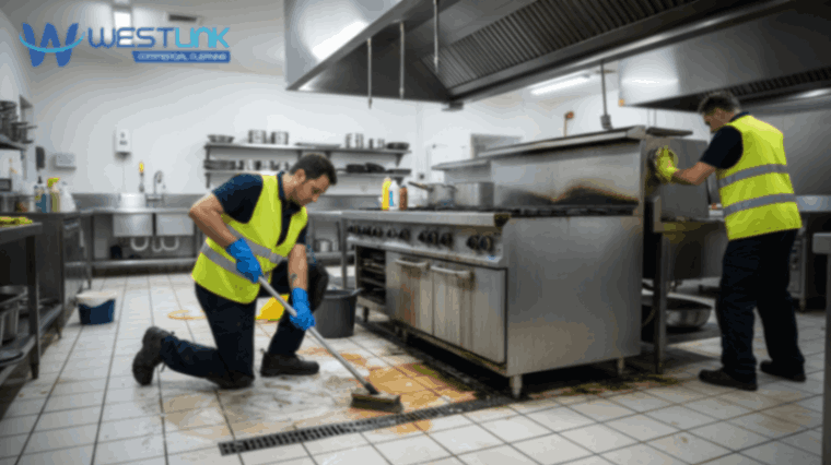 Deep cleaning grout lines and a commercial stove.