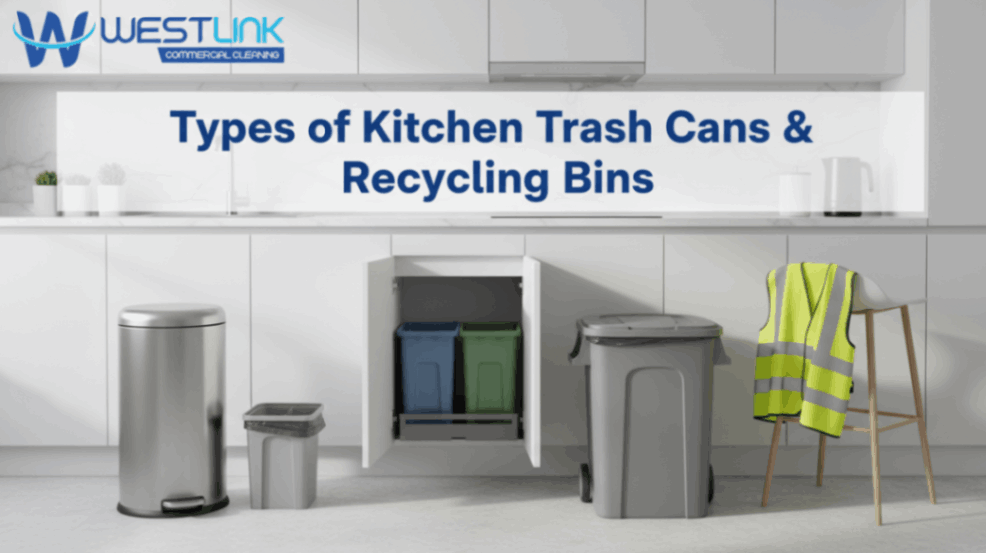 Different types of kitchen trash cans and recycling bins displayed in a clean kitchen.