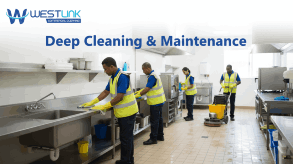 Staff performing deep cleaning and maintenance in a commercial kitchen with cleaning tools.