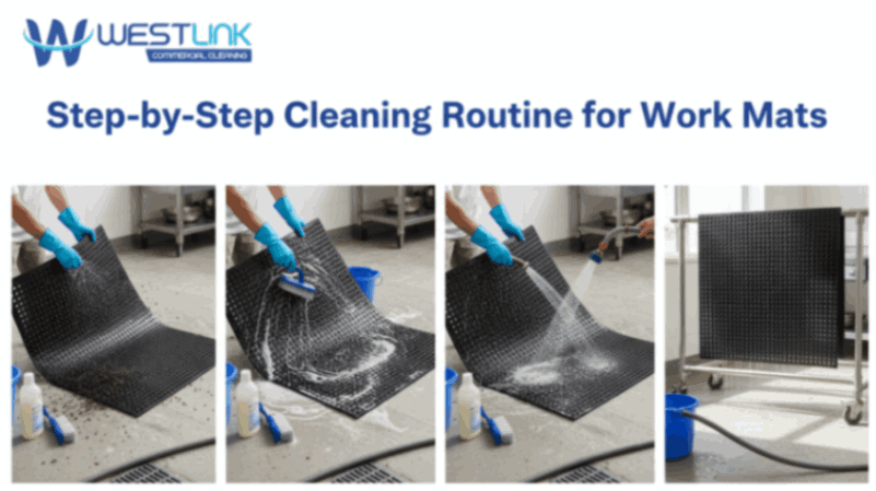 Cleaning steps shown for a work mat, including scrubbing and rinsing.