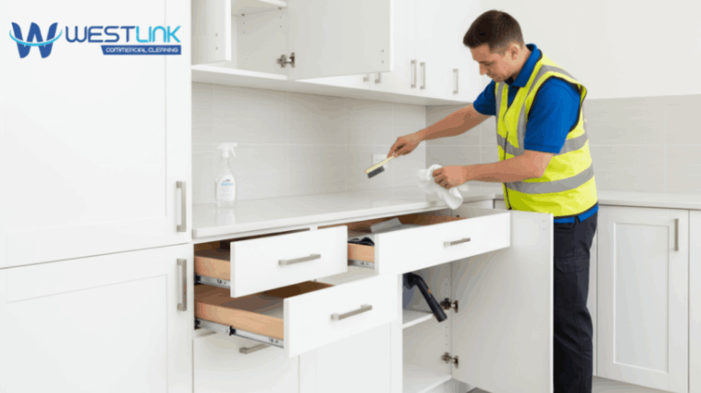 Worker deep cleaning open kitchen cabinets, wiping handles, hinges, and corners with detail tools.