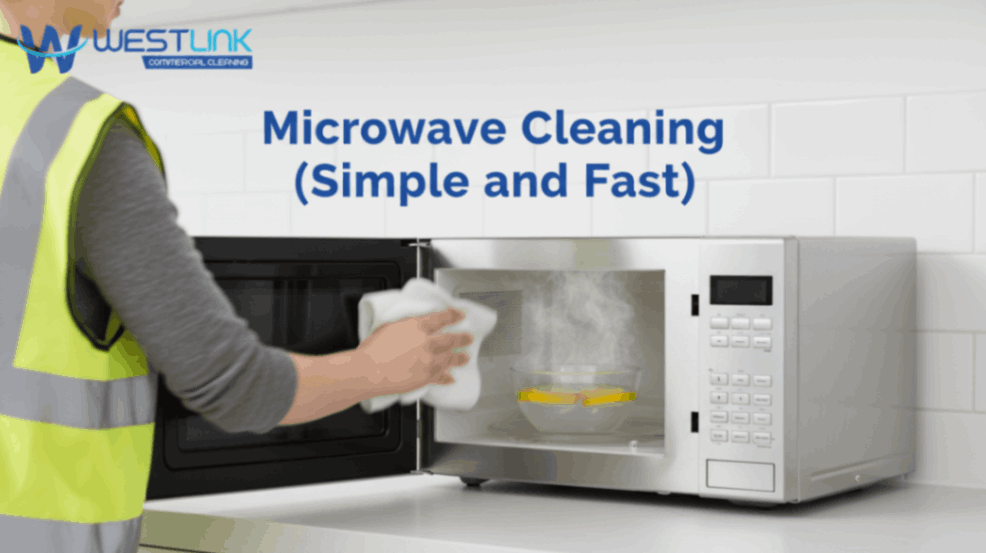 Person wiping a microwave interior for quick and simple cleaning.