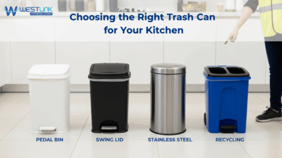 Various kitchen trash cans displayed for selection.