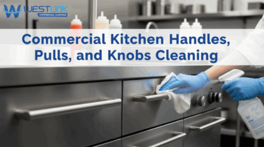 Gloved hands cleaning stainless steel handles, pulls, and knobs in a commercial kitchen.