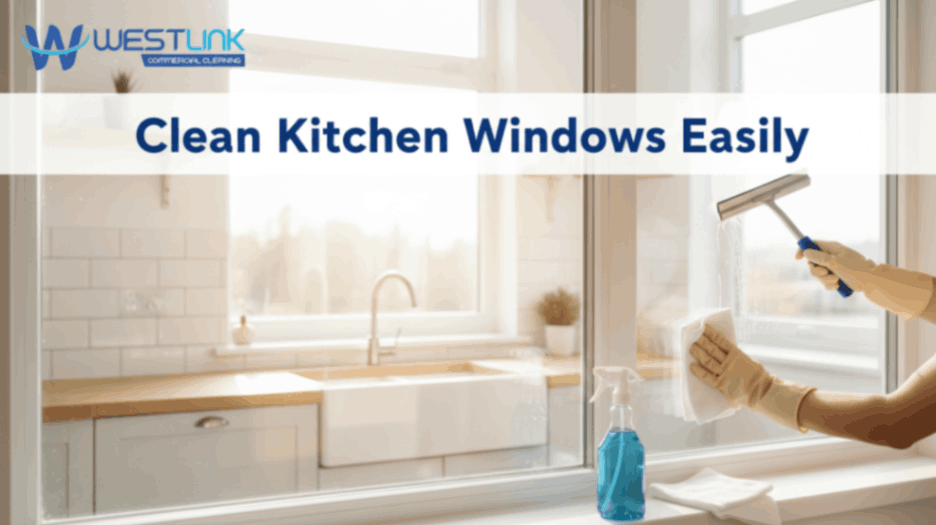 A person using a squeegee to clean bright kitchen windows for a streak-free finish.