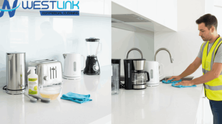 Small kitchen appliances being cleaned and descaled on a modern countertop.