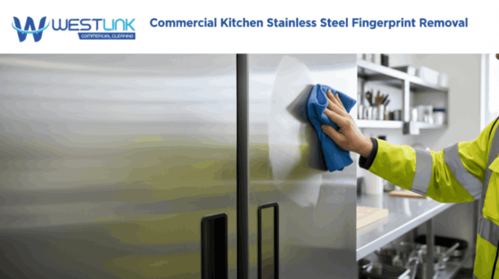 Removing fingerprints from a stainless steel appliance in a commercial kitchen.