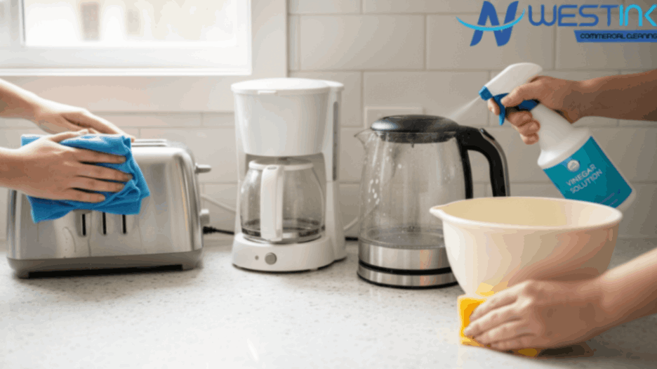 Modern kitchen with freshly cleaned appliances and simple preventive care tools.