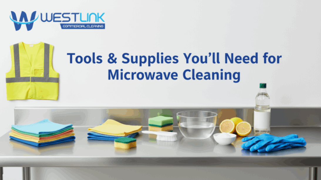 Collection of essential microwave cleaning tools including cloths, sponges, bowl, vinegar, lemon, and gloves.