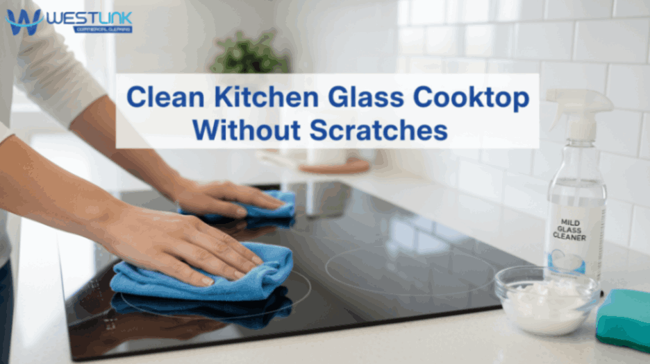 Cleaning a glass cooktop with a microfiber cloth to avoid scratches.