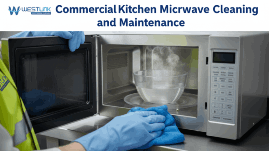 Gloved worker cleaning the interior of a commercial microwave in a kitchen.