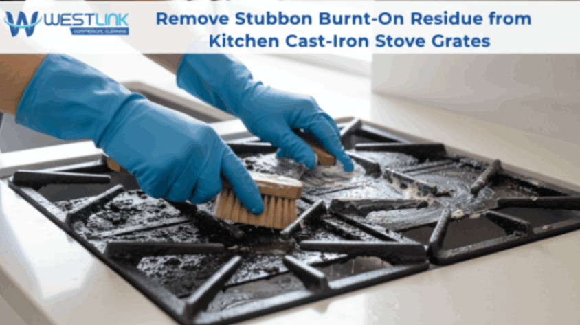 Scrubbing burnt residue from cast-iron stove grates.