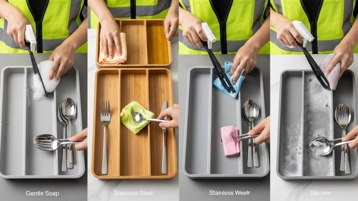 Top-down view of kitchen cutlery trays of different materials being cleaned appropriately.