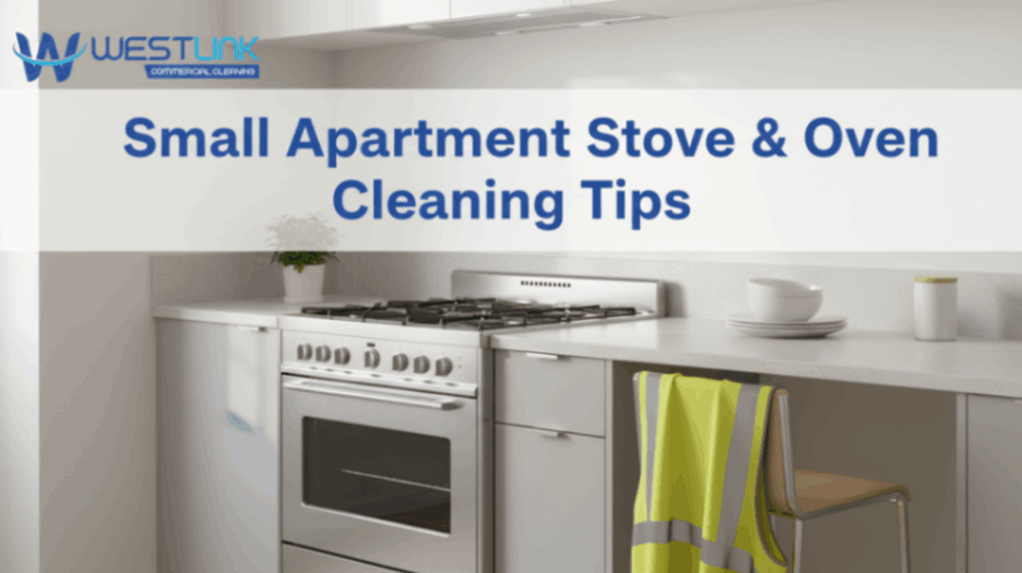 Cleaning a compact apartment stove and oven with cleaning tools.
