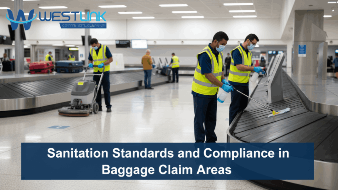 Airport cleaning staff maintaining sanitation and compliance in baggage claim areas.