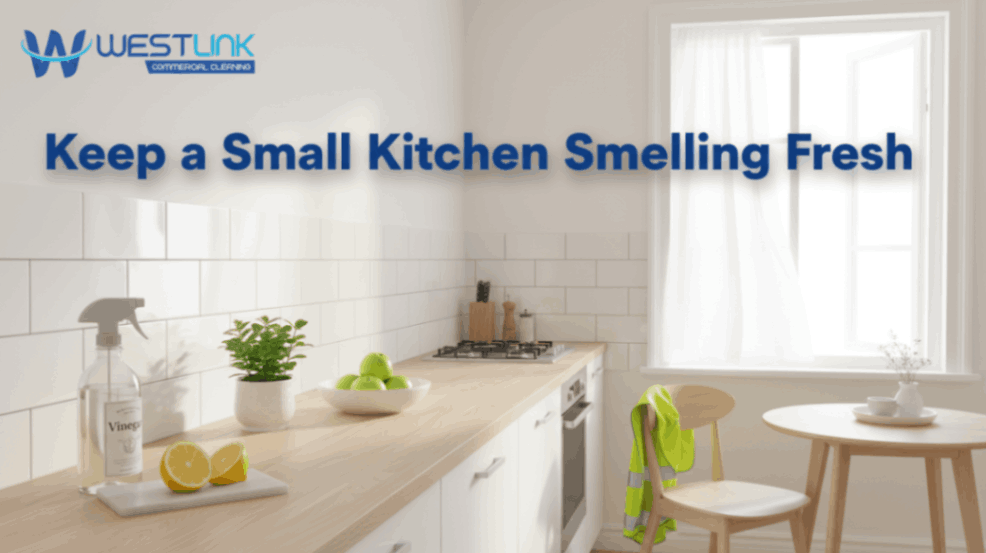 Freshening a small kitchen with natural odor removers like lemon and vinegar.