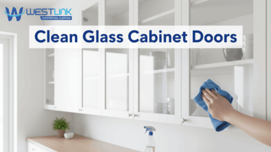 Hand cleaning a glass kitchen cabinet door with a microfiber cloth for a streak-free finish.