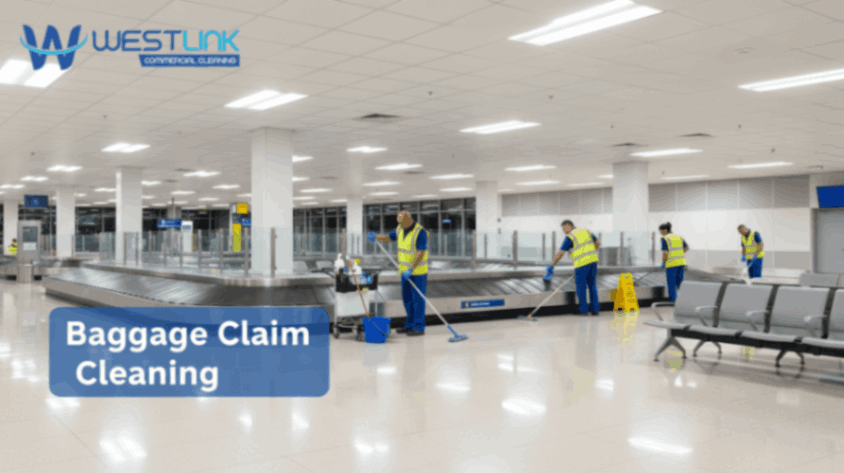 Cleaning airport baggage claim area.