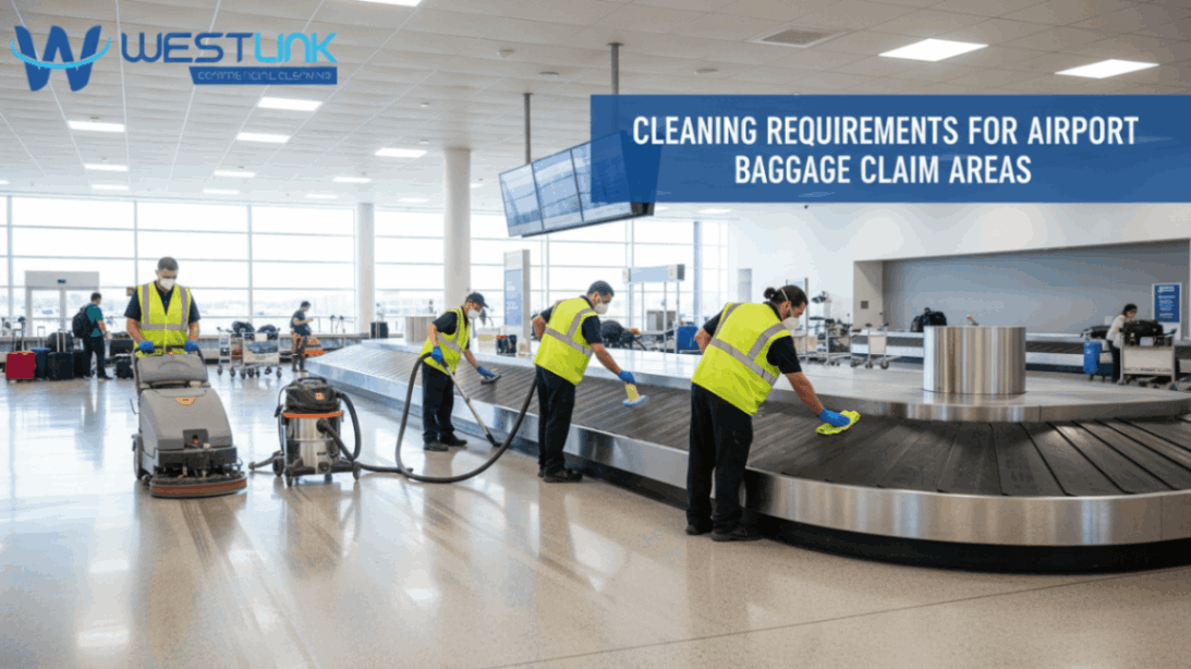 Professional cleaning in an airport baggage claim area.