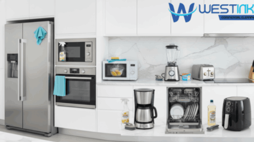 Collage of common appliances with cleaning tools highlighting regular maintenance needs.