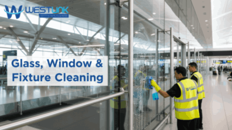 Cleaning glass and fixtures in airport terminal.