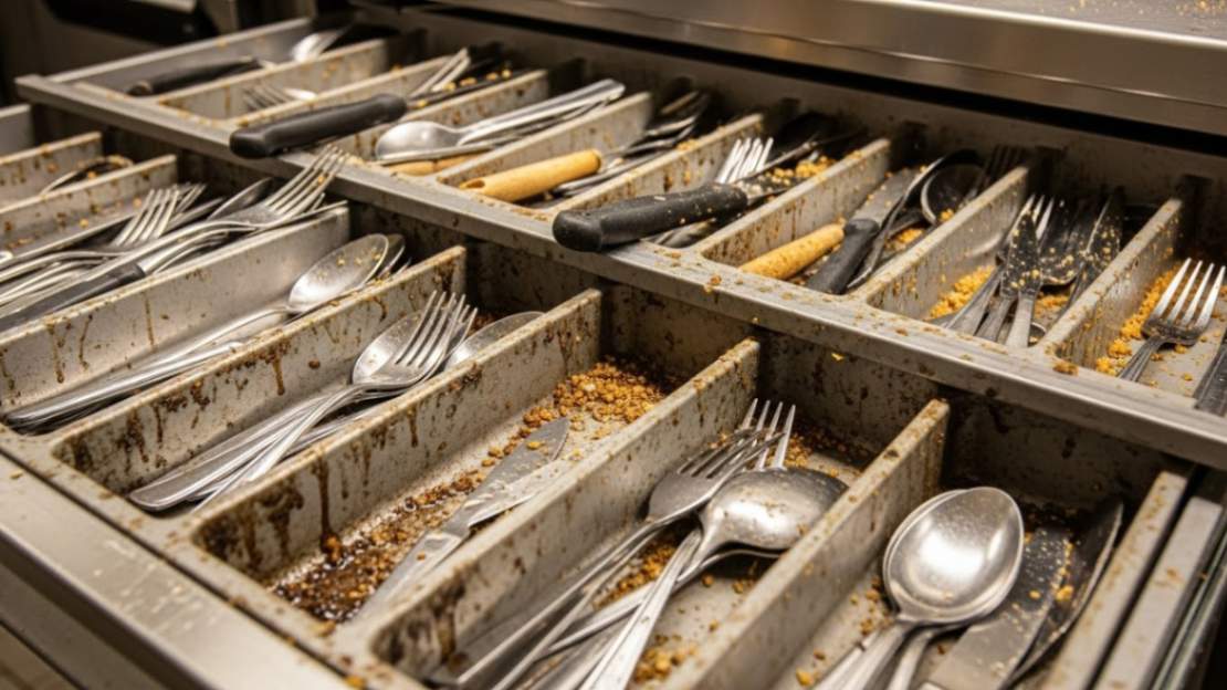 Dirty kitchen utensil drawers showing crumbs, grease, and disorganized trays.