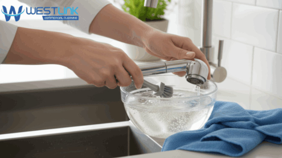 Person cleaning a kitchen faucet spray head in a bowl of vinegar.