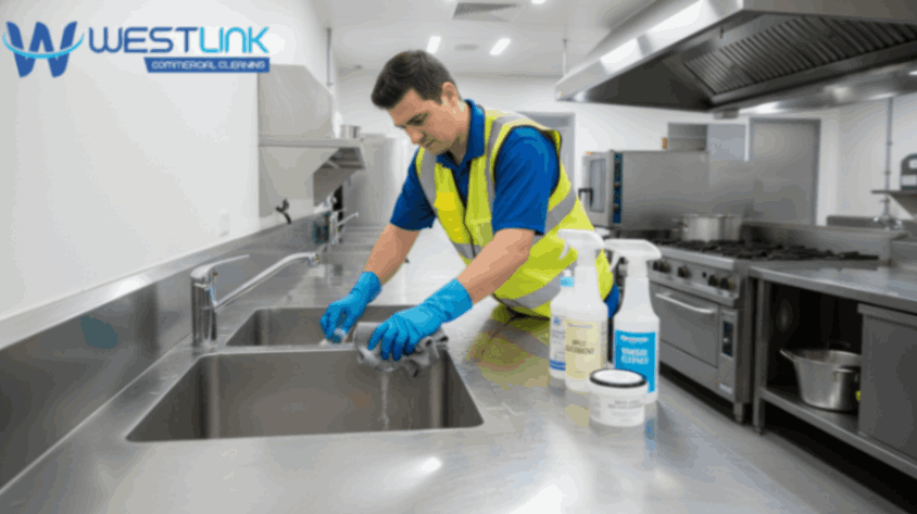 Worker cleaning a stainless-steel sink with a sponge and microfiber cloth in a commercial kitchen.