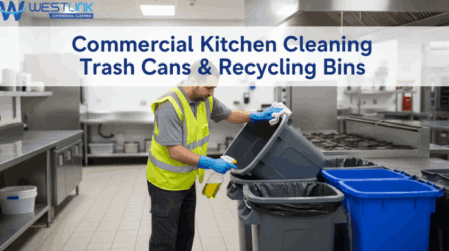 Worker cleaning commercial kitchen trash cans and recycling bins using disinfecting tools.