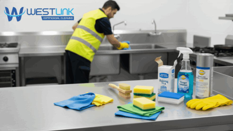 Close-up of a commercial stainless-steel kitchen sink being polished with a microfiber cloth and gentle cleaner.