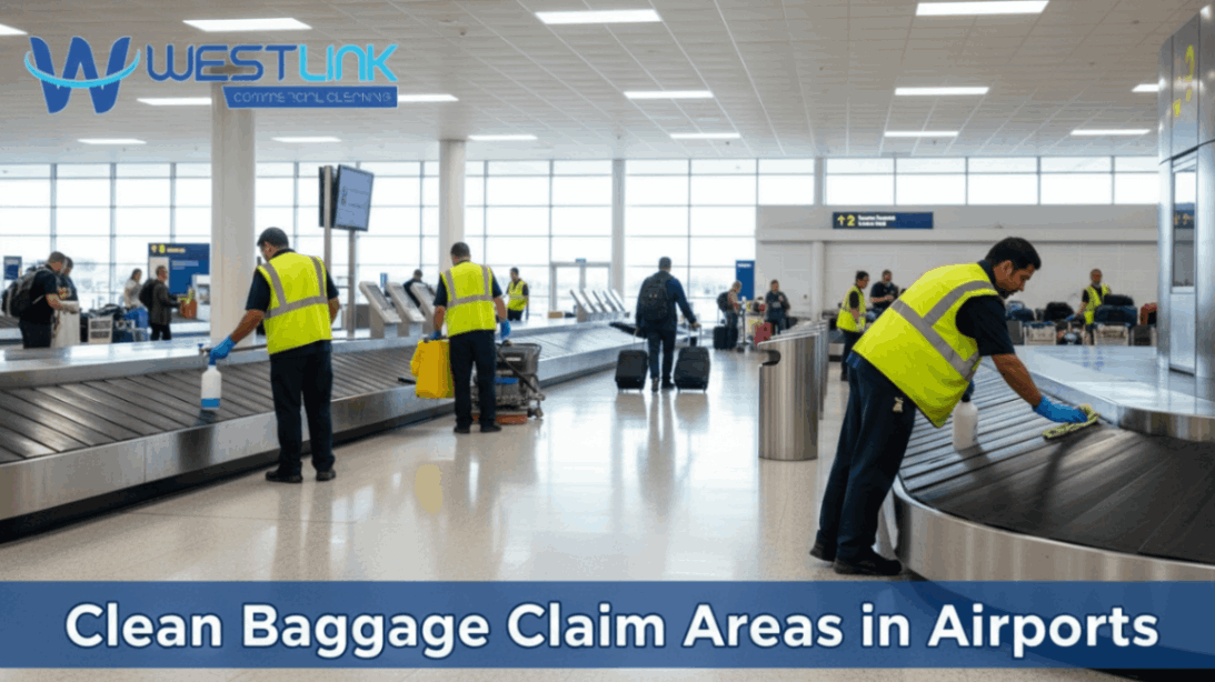 Airport cleaning staff maintaining clean baggage claim areas.