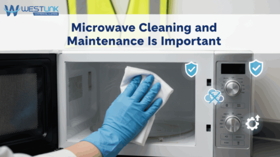 Gloved hands cleaning a commercial microwave interior emphasizing hygiene and maintenance