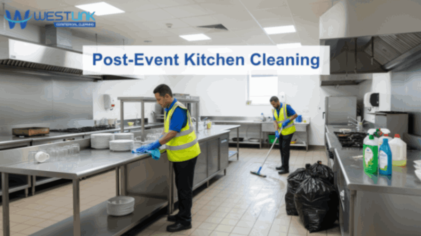A kitchen being cleaned after an event, with surfaces wiped and floors mopped.