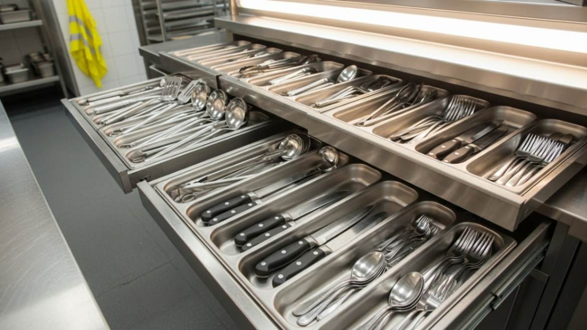 Organized stainless-steel utensil drawers neatly arranged in a clean commercial kitchen.