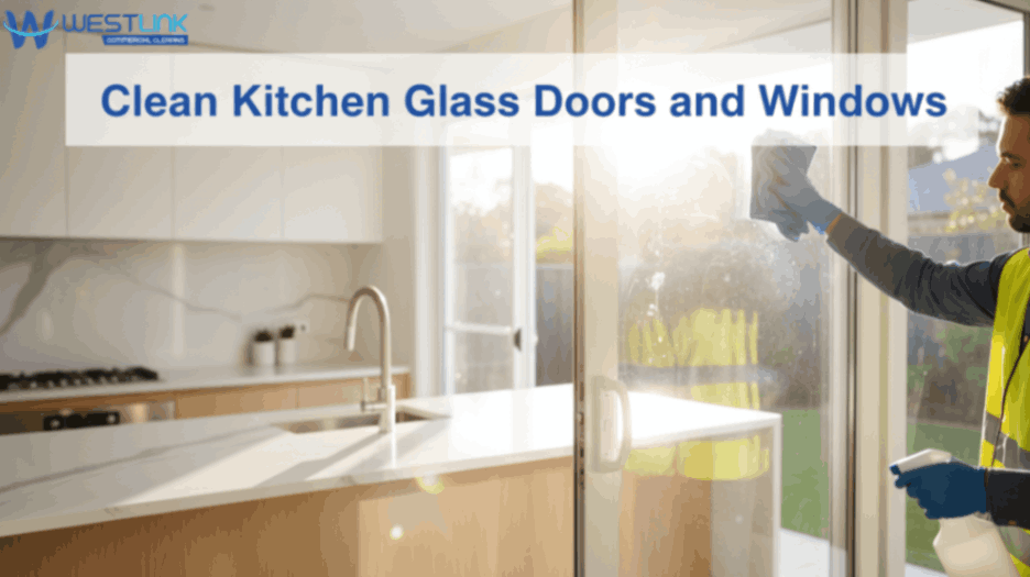 Gloved hand wiping a kitchen glass door with a microfiber cloth and cleaner.