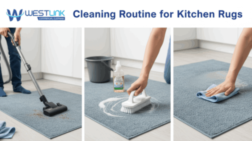 Step-by-step cleaning process showing vacuuming and scrubbing of a kitchen rug.